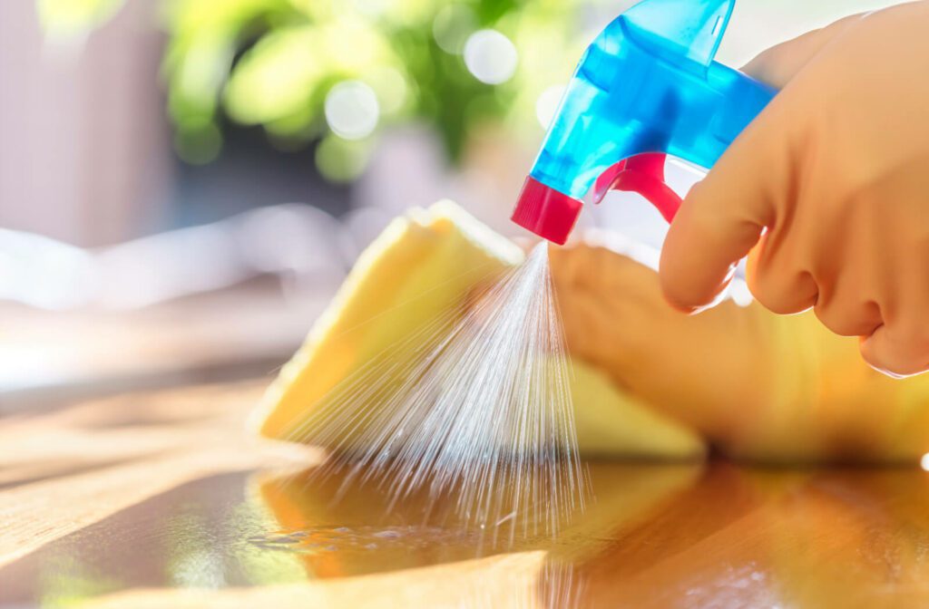 A close-up image of a professional cleaner spraying a natural cleaning solution on a table.