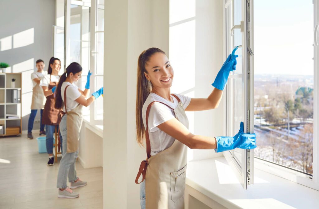 A team of professionals cleaning a set of open windows and smiling in a person's apartment.