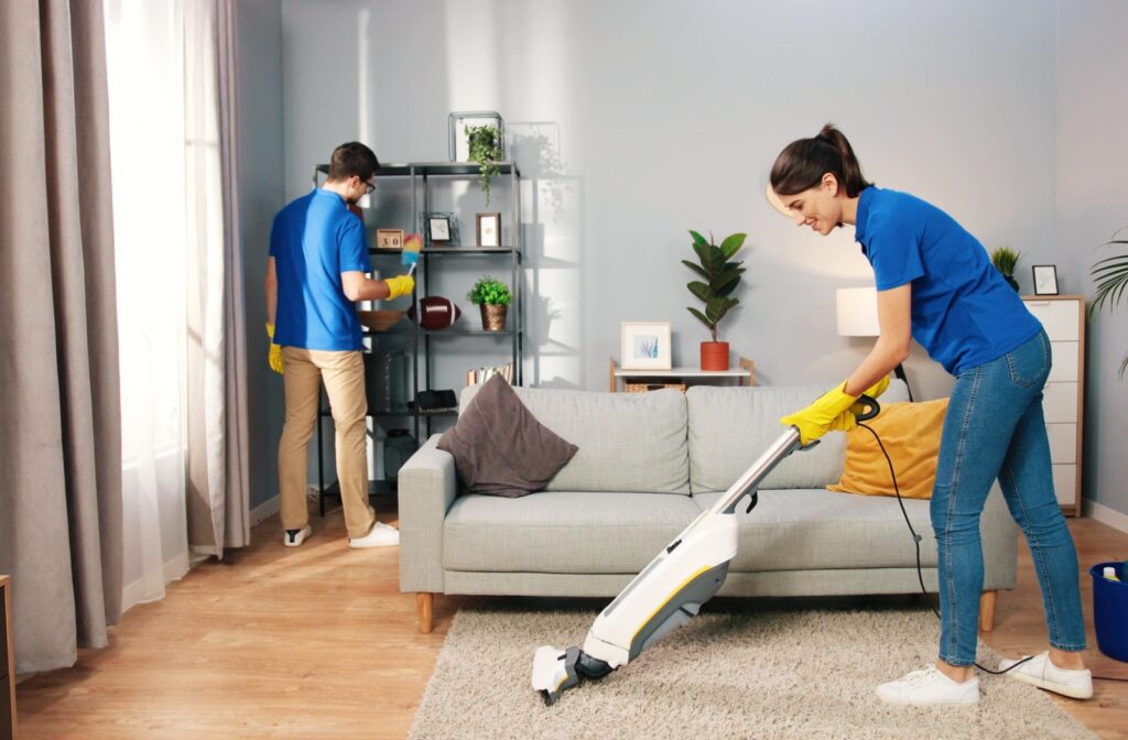 A move-out cleaner is lightly vacuuming a rug while the other is dusting a shelf.