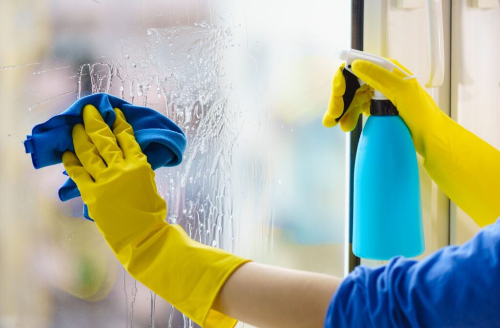 One gloved hand wipes the window in circular motions with a microfibre cloth while the other sprays cleaning solution.