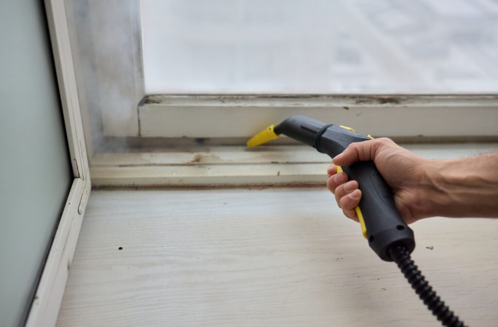 A hand using a steamer to clean a window track.