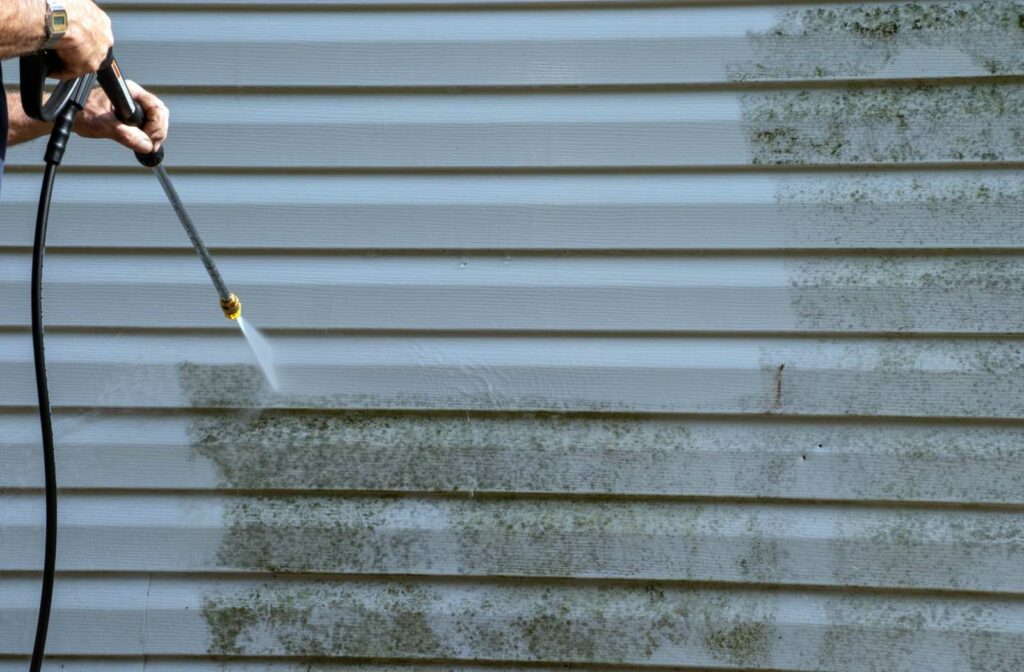 A man power washing blue house siding.